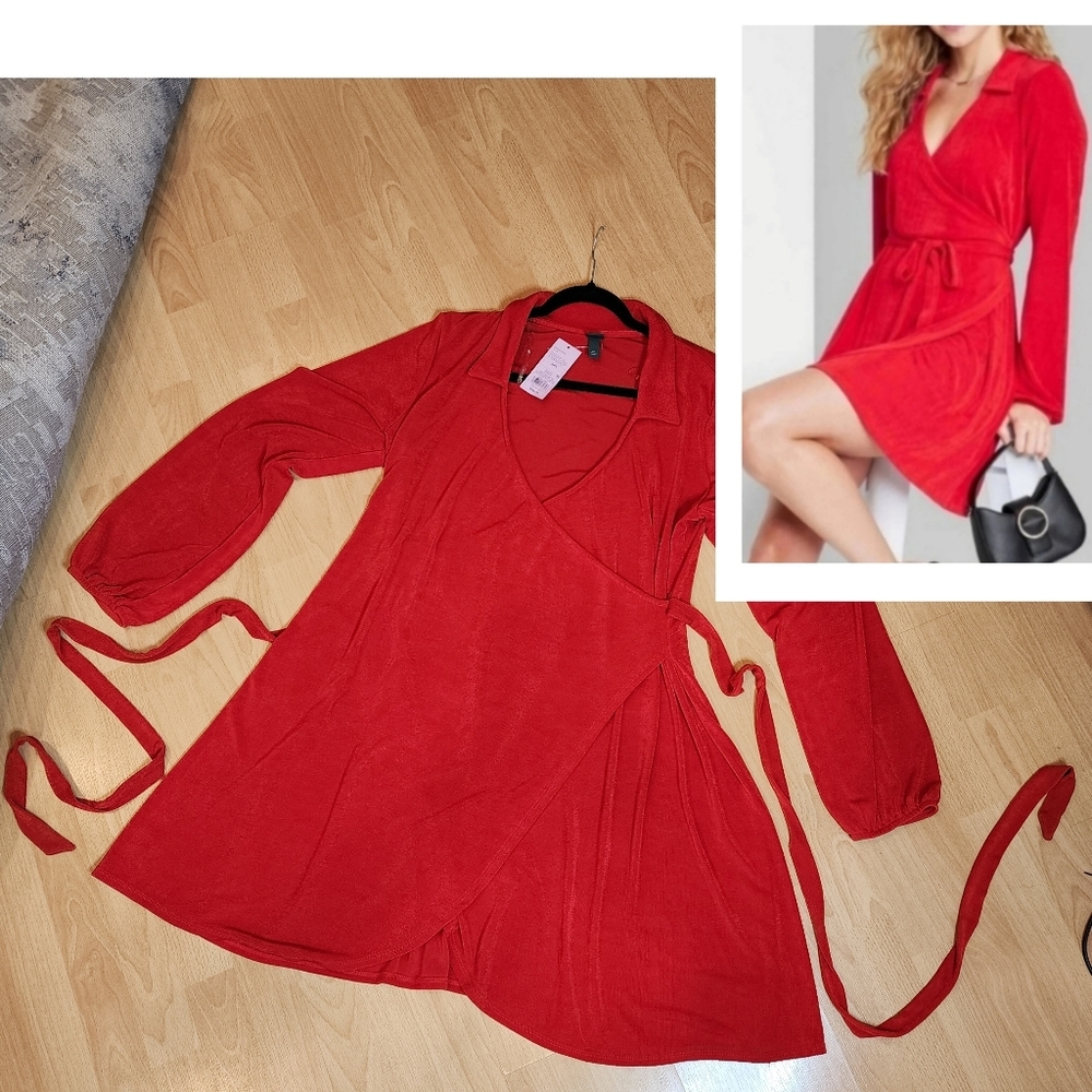 NWT Red Slinky Stretchy Faux Wrap Long Sleeve Mini Dress Size XXL Wild Fable